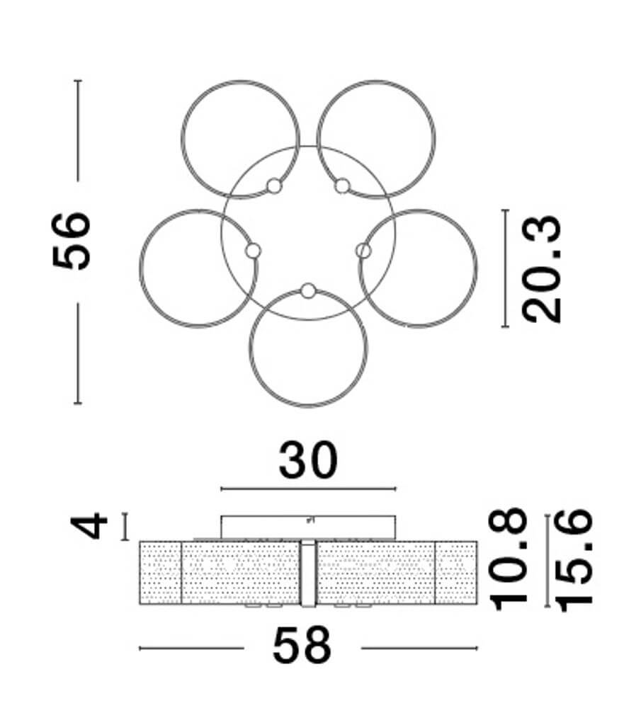 Gatlin LED Deckenleuchte 5-flammig Ø 56cm 3000K Messing-Gold technische Zeichnung und Abmessungen.