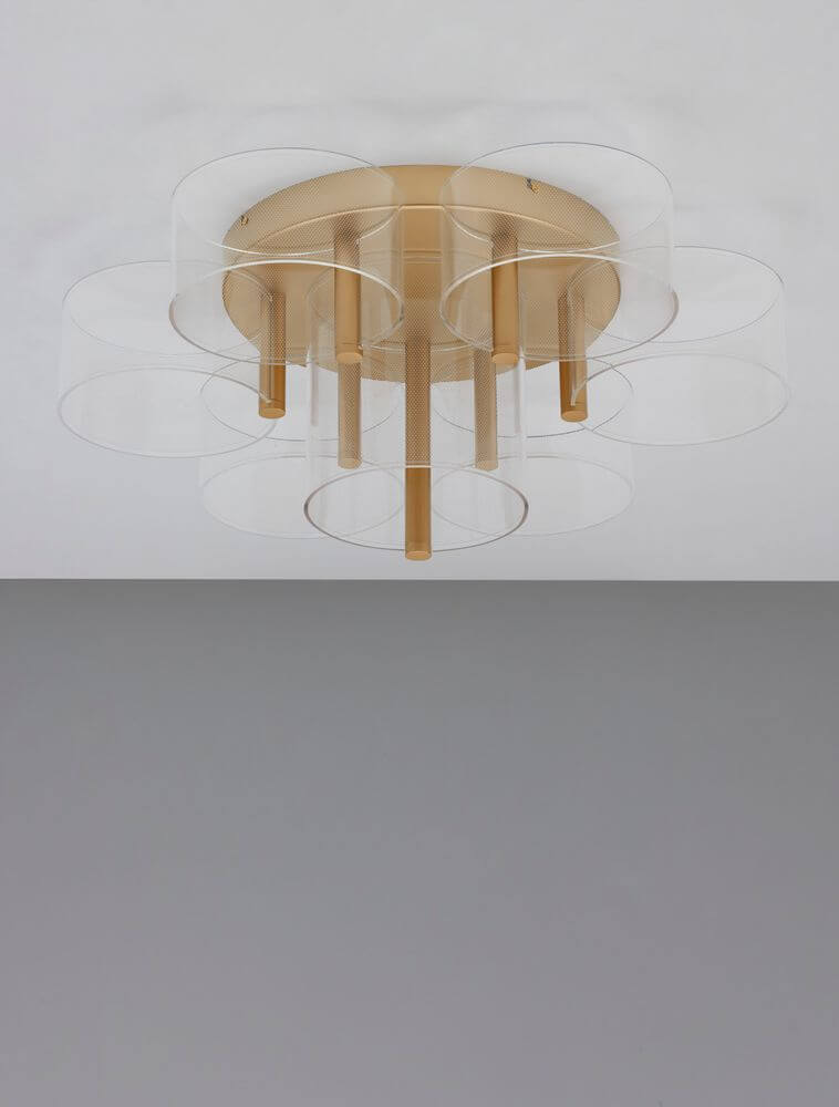 Gatlin LED Deckenleuchte 7-flammig Ø 68cm 3000K Messing-Gold mit transparenten Akzenten.