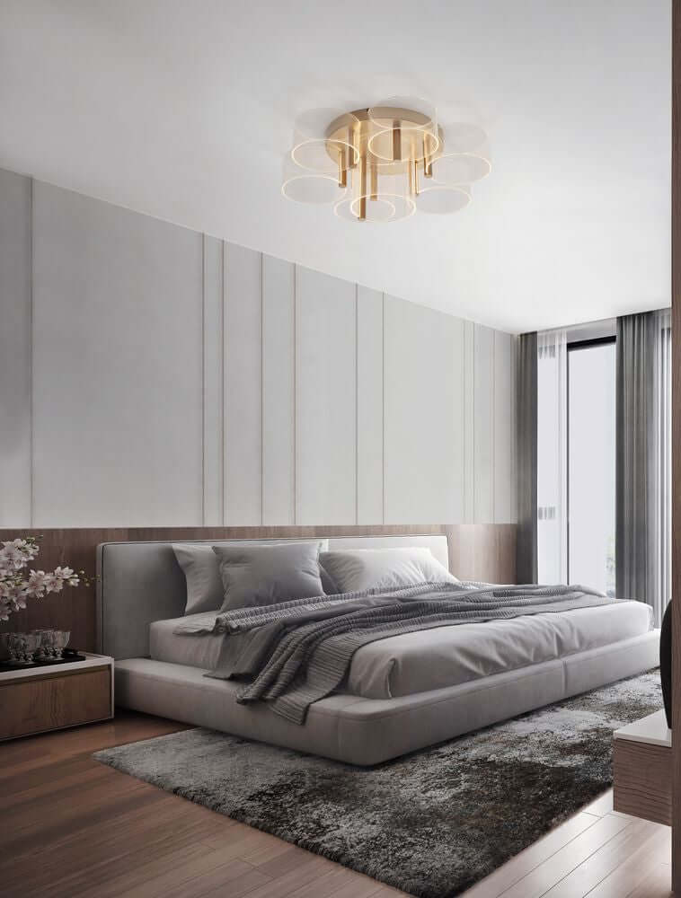 Gatlin LED Deckenleuchte 7-flammig Ø 68cm 3000K Messing-Gold in modernem Schlafzimmer