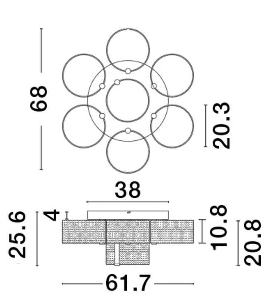 Maßzeichnung der Gatlin LED Deckenleuchte 7-flammig Ø 68cm 3000K Messing-Gold