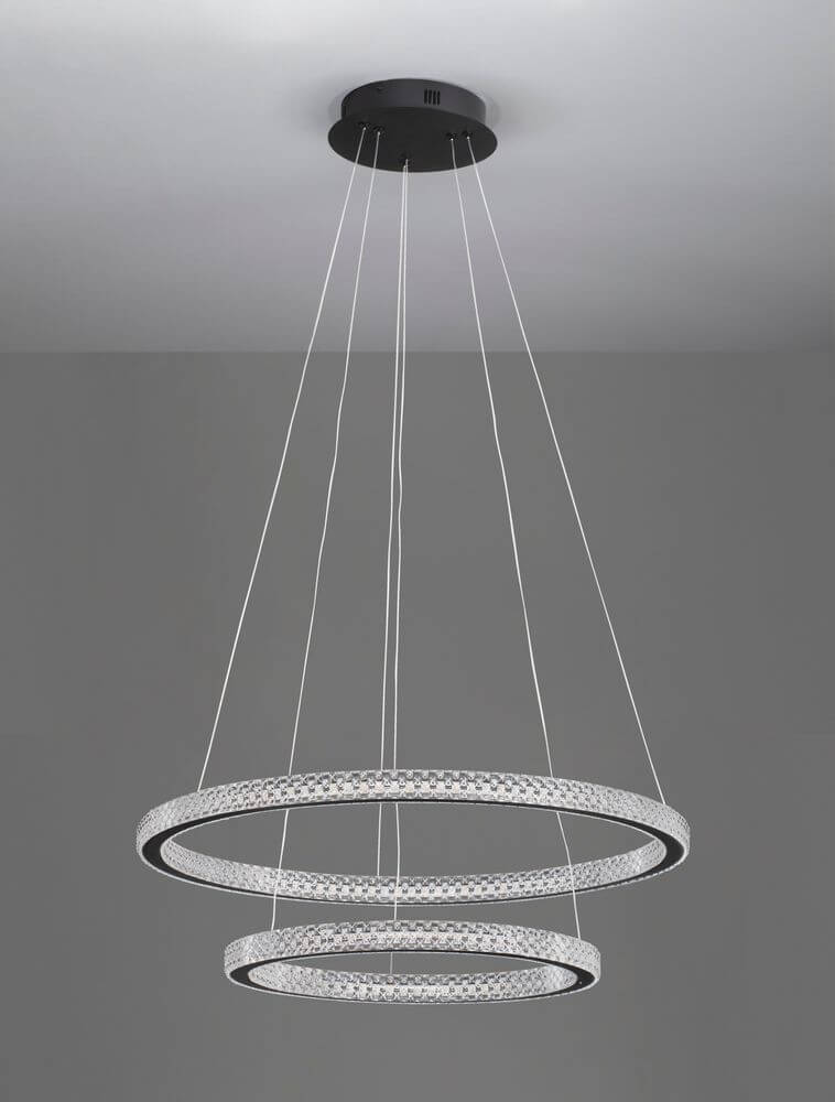 Ginevra LED Pendelleuchte 2-flammig Ø 60,5cm 3000K Schwarz in modernem Design mit schwebenden Ringen.