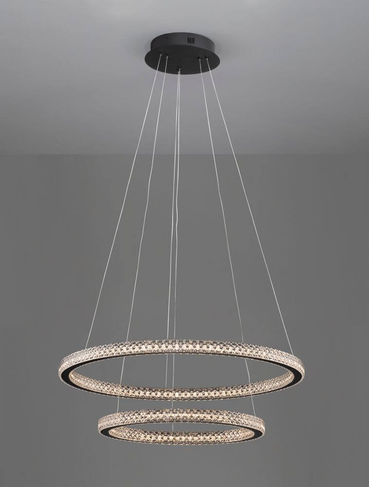 Ginevra LED Pendelleuchte 2-flammig Ø 60,5cm 3000K Schwarz mit schwebenden Ringen und eleganter Beleuchtung.