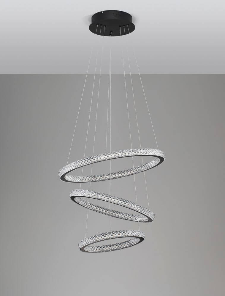Ginevra LED Pendelleuchte 3-flammig Ø 51cm 3000K Schwarz, moderne Pendelleuchte mit schwebenden Ringen.