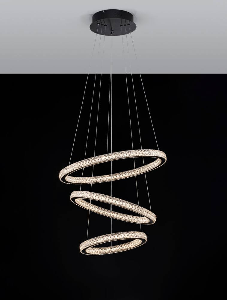 Ginevra LED Pendelleuchte 3-flammig Ø 51cm 3000K Schwarz mit schwebenden Ringen in edlem Design.