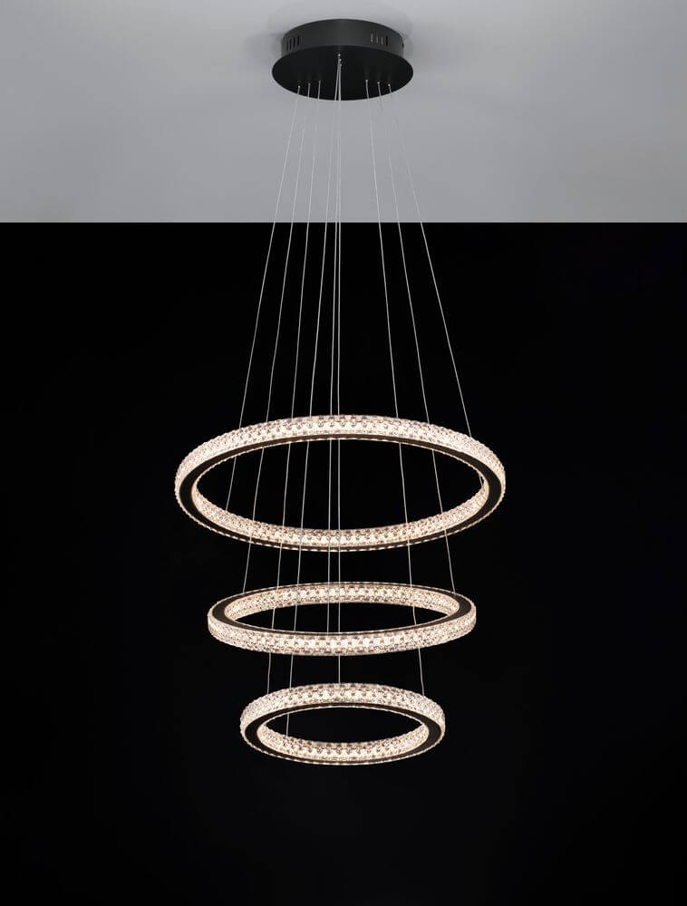 Ginevra LED Pendelleuchte 3-flammig Ø 51cm 3000K Schwarz im eleganten und modernen Design mit schwebenden Ringen.