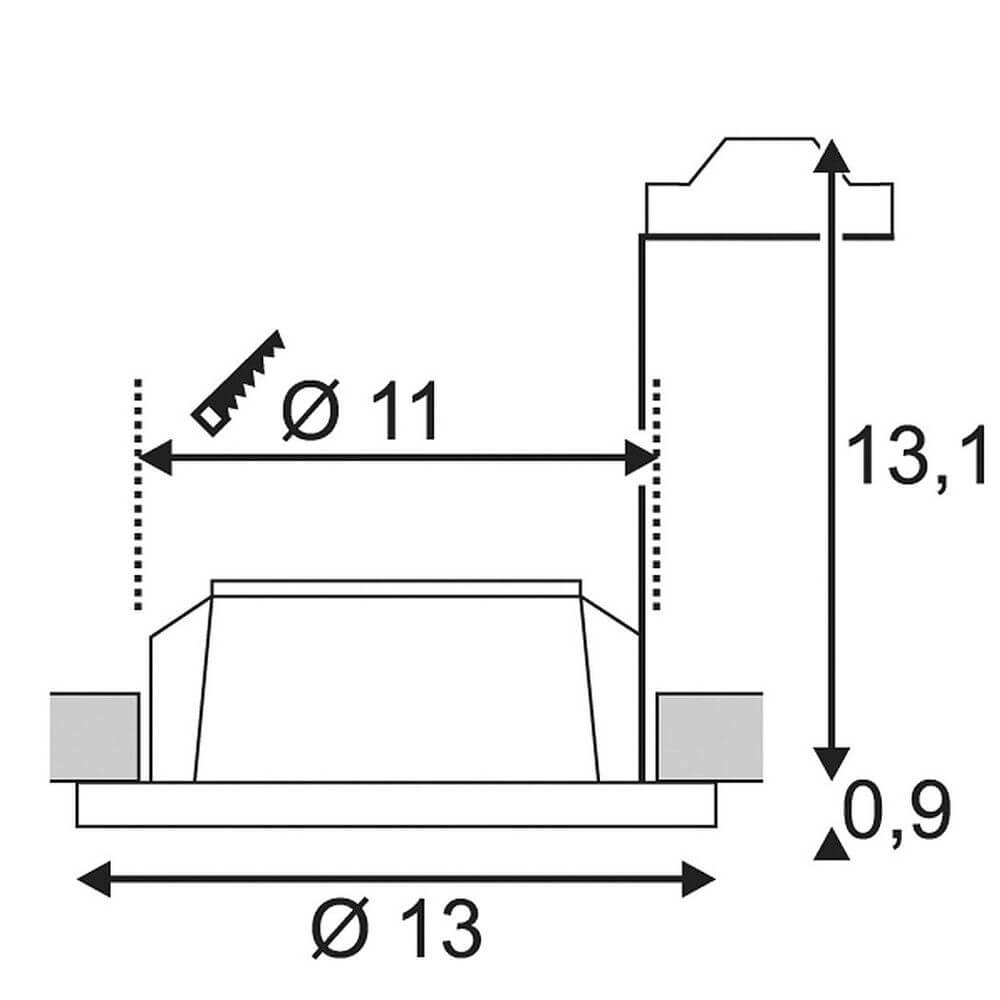 Technische Zeichnung des Gips Downlight Plastra rund Weiß mit Maßen und Details zur Installation.