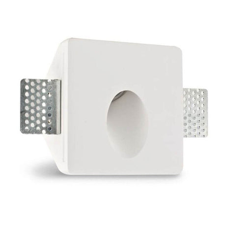 Quadratischer Gips-Einbaustrahler 10x10cm mit Metallhalterungen, ideal für die individuelle Farbgestaltung.