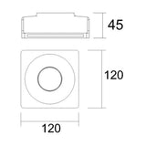 Maßzeichnung für einen quadratischen Gips-Einbaustrahler 12x12cm mit 45mm Höhe.