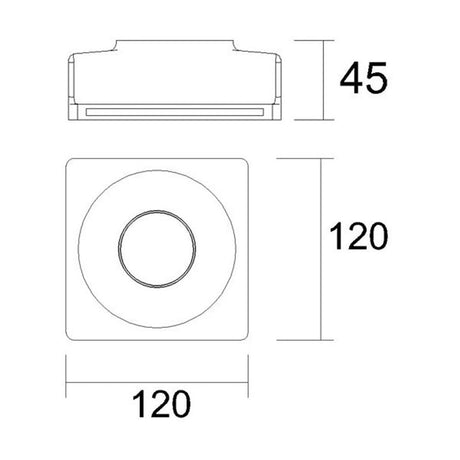 Maßzeichnung für einen quadratischen Gips-Einbaustrahler 12x12cm mit 45mm Höhe.