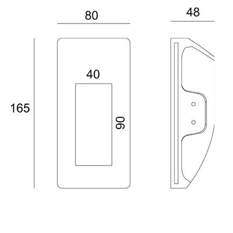 Technical drawing of the rectangular plaster recessed spotlight 16.5 x 8 cm paintable with dimensions.