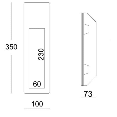 Technische Zeichnung eines rechteckigen Gips-Einbaustrahlers mit Abmessungen in cm.