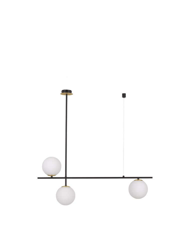 Git Pendelleuchte 2-flammig Gold, Weiß, Schwarz mit opalweißen Glaskugeln und modernem Design.