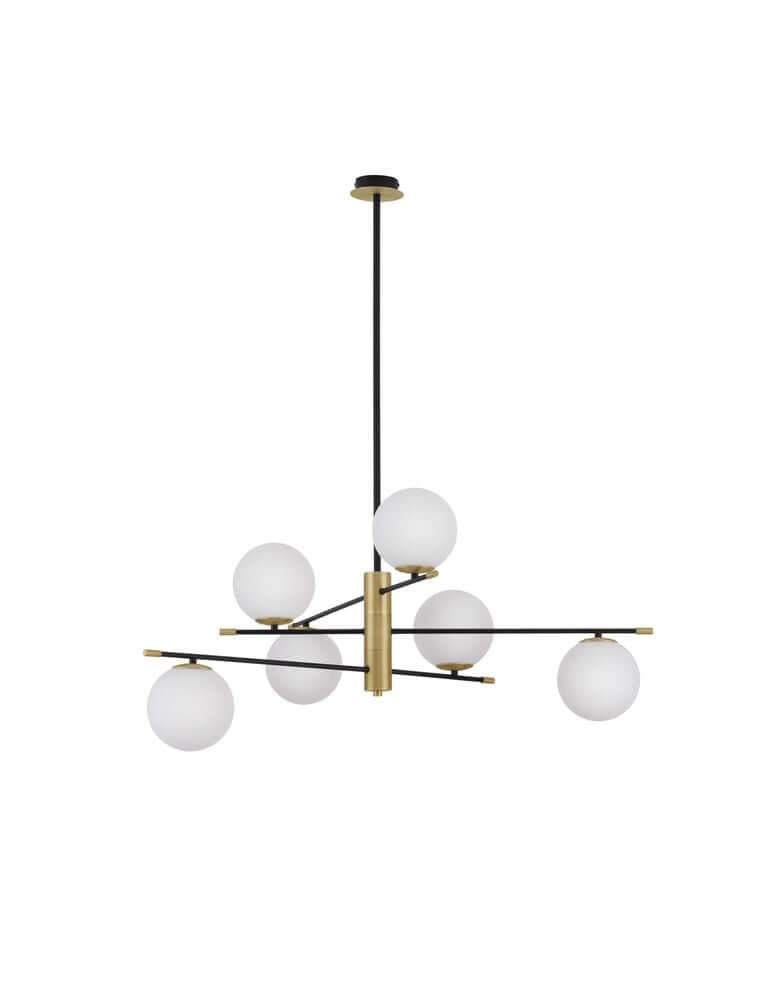 Git Pendelleuchte 6-flammig Ø 100cm Gold, Weiß, Schwarz mit opalen Glasglobes und modernem Design.