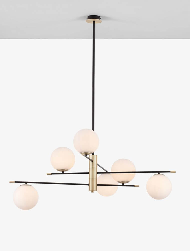 Git Pendelleuchte 6-flammig Ø 100cm Gold, Weiß, Schwarz mit opalen Glasgloben und modernem Design.