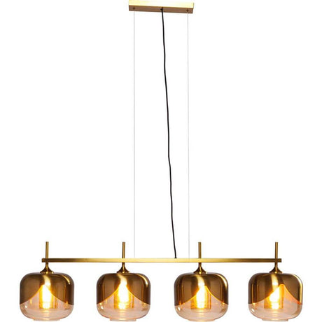 Glamorous Goblet Quattro Gold hængelampe med fire lampeskærme og messingfinish til elegant spisebordsbelysning.
