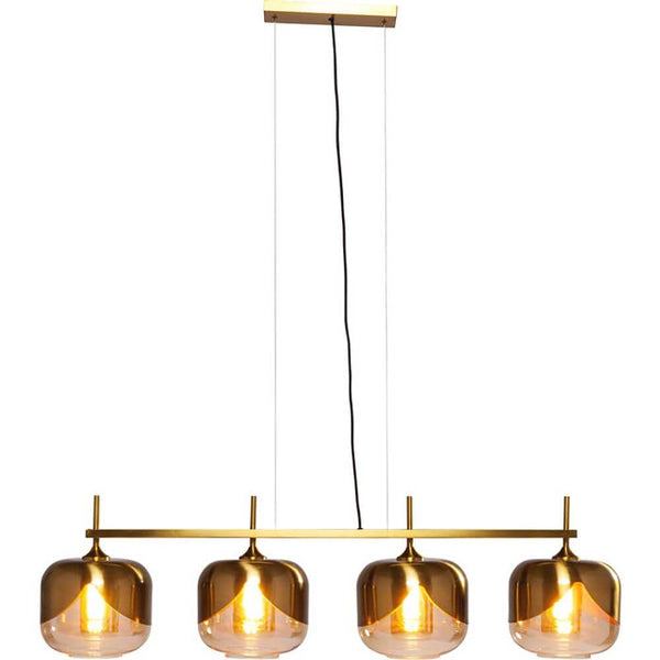 Glamuröse Hängeleuchte Goblet Quattro Gold mit vier Lampenschirmen und Messing-Finish für elegante Esstischbeleuchtung.