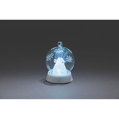Glaskugel Engel mit 3 Funktionen Timer RGB-Farbwechsel 1 RGB Diode batteriebetrieben auf grauem Hintergrund.