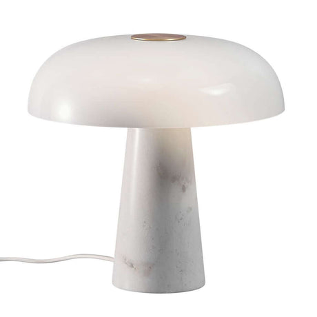 Glossy Tischlampe mit schimmerndem Lampenschirm aus opalweißem Glas und Marmorsockel, modernes Design.