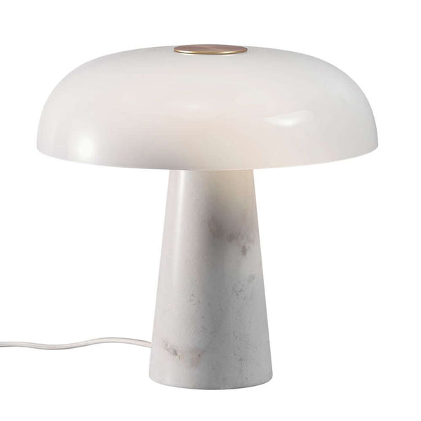 Glossy Tischlampe mit schimmerndem Lampenschirm aus opalweißem Glas und Marmorsockel, modernes Design.