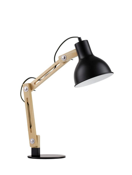 Grou Tischleuchte E27 aus hellem Holz und schwarzem Metall mit On-Off-Schalter und Kabel.