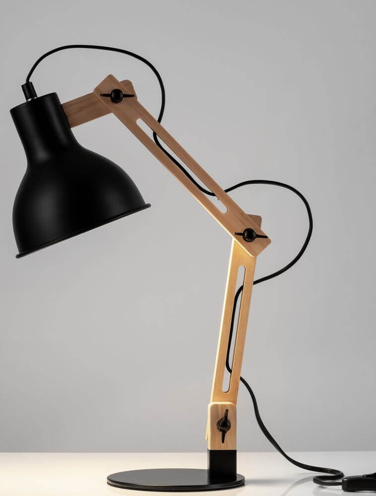 Grou Tischleuchte E27 aus hellem Holz und schwarzem Metall, ein modernes Tischlampendesign.
