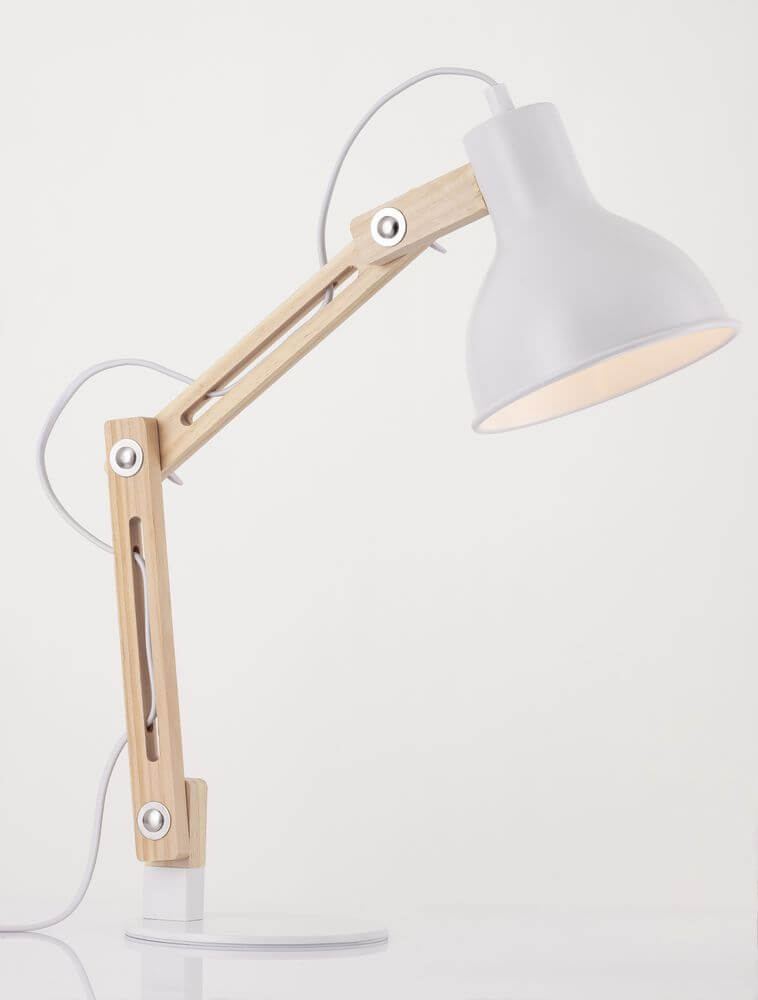 Grou Tischleuchte E27 mit Holz und schwarzem Metall, verstellbarer Arm und On-Off-Schalter.