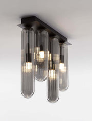 Gustave LED Deckenleuchte Rauchgrau von Nova Luce mit fünf rauchgrauen Glaszylindern und schwarzem Metall