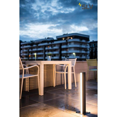H-Pol path light & bollard light, two-bulb LED 3000K anthracite 66cm on a terrace at dusk.