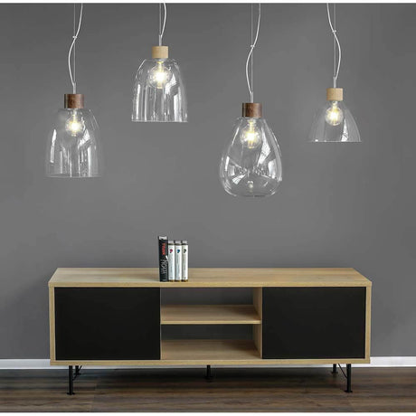 Hängelampe Campana Eiche-Geölt, Transparent über modernen Möbelstücken in neutralem Raum.
