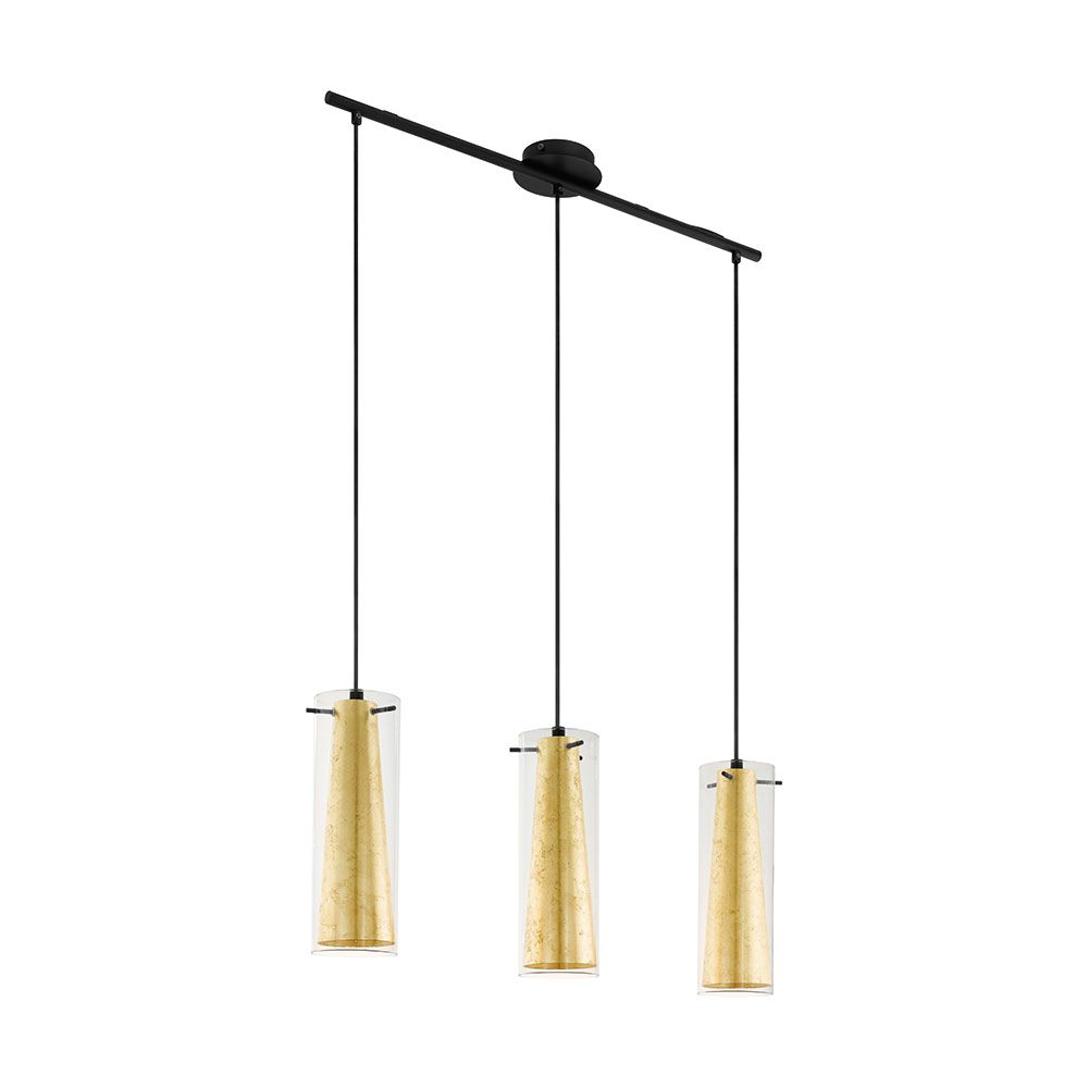 Hängelampe Pinto Gold 3-flammig in Schwarz mit klaren und goldfarbenen Elementen, modern und elegant.