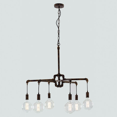 Suspension Amarcord couleur rouille avec des tubes en fer et cinq abat-jour pour un design lumineux unique.