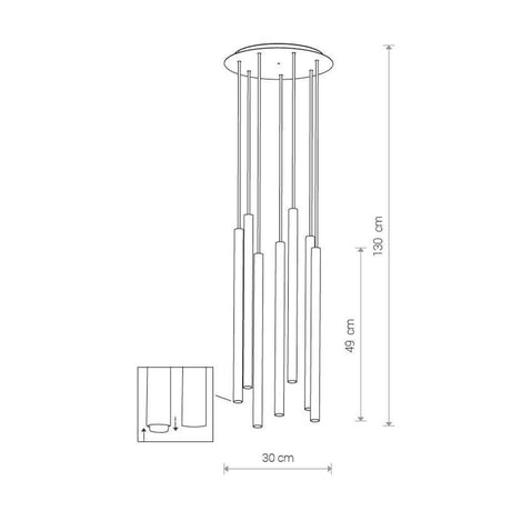 Pendant lamp Laser 7-light Ø 30cm Black with seven lamp bodies and dimensions of 30 cm in diameter.