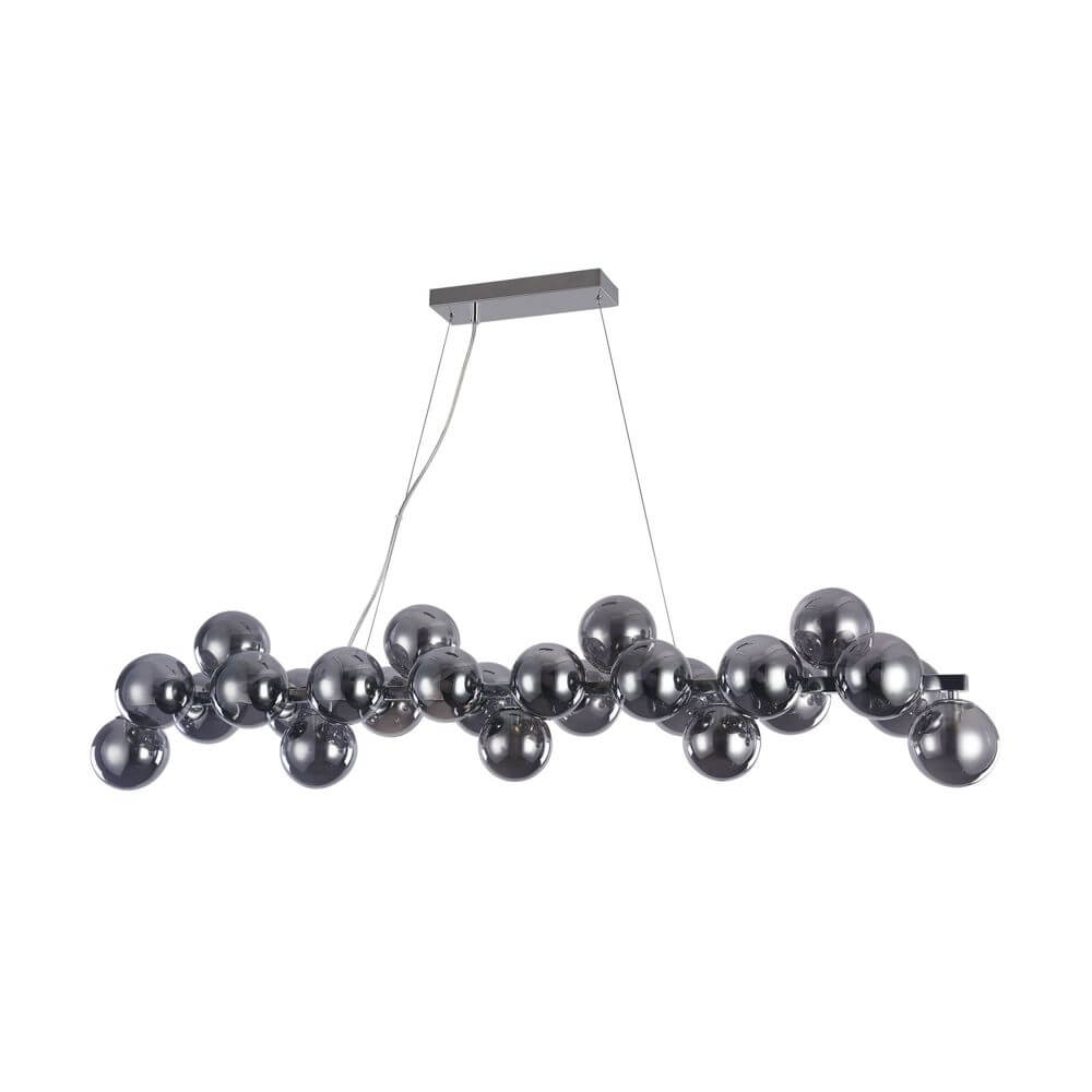 Moderne Esstischlampe Glob 120cm Chrom 25 Rauchgläser mit kugelförmigen Lampenschirmen aus getöntem Glas.