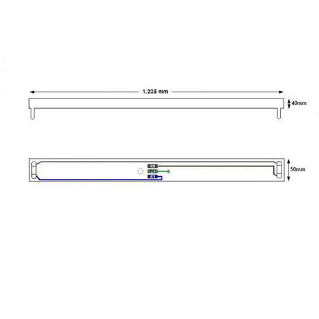 Technische Zeichnung der Halterung für T8 Röhre 120 verkabelt, Maße 1235 mm x 40 mm x 50 mm.