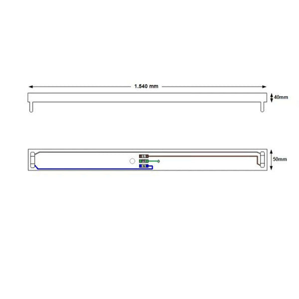 Technische Zeichnung der Halterung für T8 Röhre 150 verkabelt mit Abmessungen von 1540 mm x 40 mm x 50 mm.