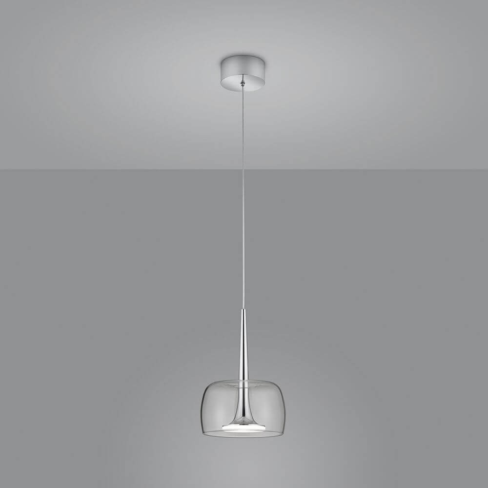 LED Hängelampe Flute Chrom mit klaren Gläsern und elegantem Design, ideal für moderne Innenräume.