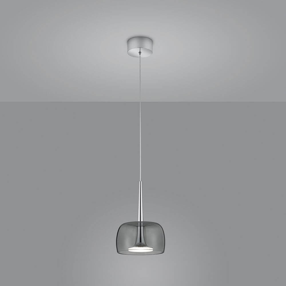 LED Hängelampe Flute Chrom mit grauem Glas, elegantes Design für moderne Innenräume.