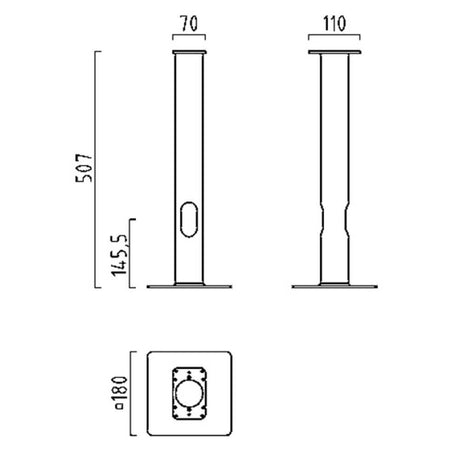 Technische Zeichnung des LED Erdstück Zubehör, Accessories verzinkt mit Maßen 507x70x110 mm.