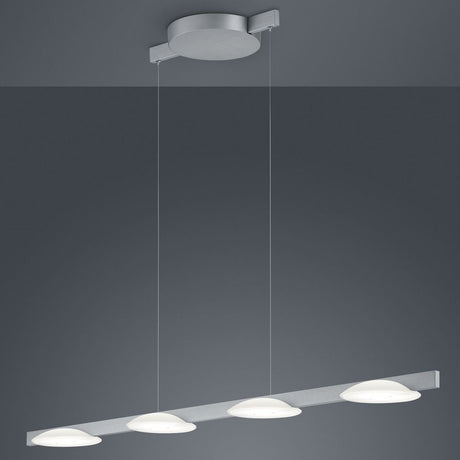 LED Hängelampe Pole Nickel-Matt mit vier satinierten Leuchten, ideal für Esszimmer und Konferenzräume.