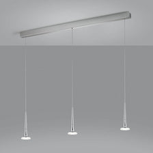 LED Pendelleuchte Flute Chrom, dreiflammig, 110 cm, mit transparent-satinierten Gläsern über dem Esstisch