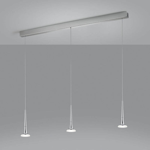 LED Pendelleuchte Flute Chrom, dreiflammig, 110 cm, mit transparent-satinierten Gläsern über dem Esstisch