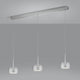 LED Pendelleuchte Flute Chrom mit drei transparenten Lampenschirmen über einem grauen Hintergrund.