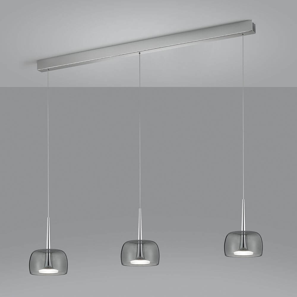 LED Pendelleuchte Flute Chrom mit drei transparent-satinierten Lampenschirmen in Smokey Grey