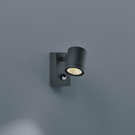 LED Sensor-Außenwandlampe Part IP44 830lm Graphit an einer grauen Wand montiert, dreh- und schwenkbar.