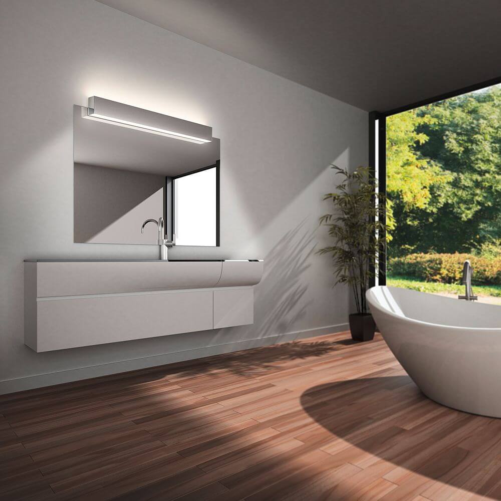 LED Wandlampe Vis IP44 Chrom über einem modernen Badezimmer-Mirror und Waschbecken, ideal für stilvolle Beleuchtung.