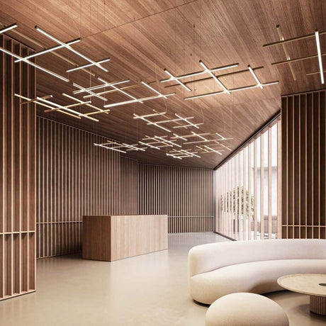 Modern interior view with Panzeri Hilow LED pendant light, wooden ceiling, and minimalist furnishings.