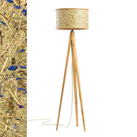 Holz Stehlampe 163cm mit Heuschirm aus Eiche und organischen Materialien, stilvolles Design.
