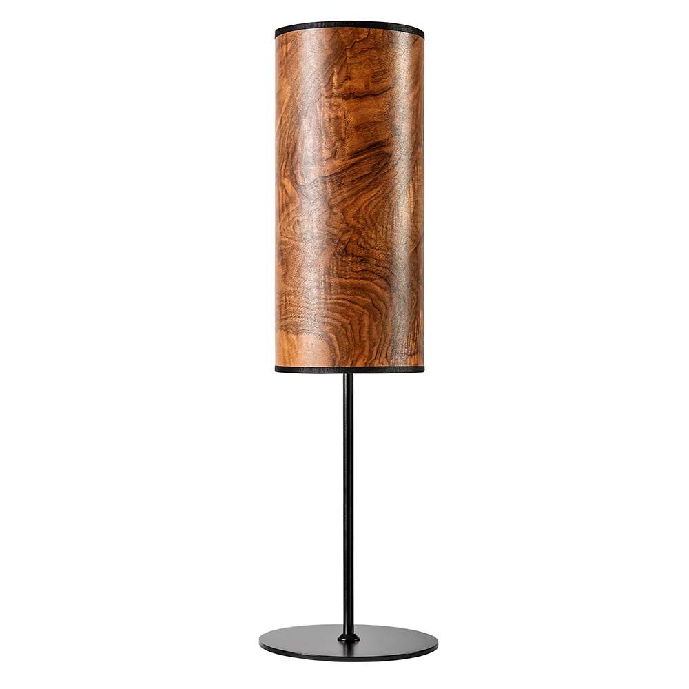 Holz-Tischleuchte Arboreus 50cm aus Nussbaum Maser mit schwarzem Fuß und zylindrischem Schirm.