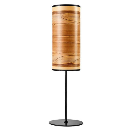 Holz-Tischleuchte Arboreus 50cm Satin Nussbaum mit zylindrischem Holzschirm und schwarzem Lampenfuß.