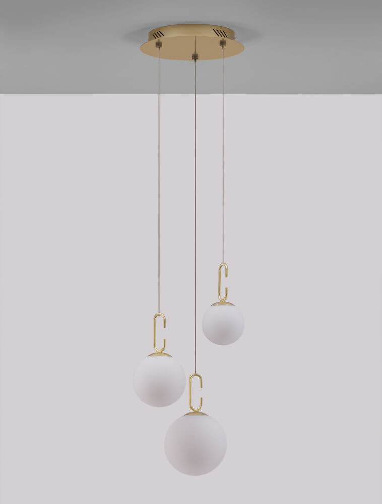 Hook LED Pendelleuchte 3-flammig Ø 39cm 3000K Gold-Gebürstet, Weiß mit drei schwebenden Glaskugeln